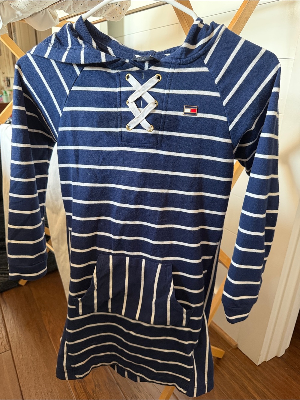 Tommy Hilfiger Navy & White Striped Hooded Sweatshirt Dress